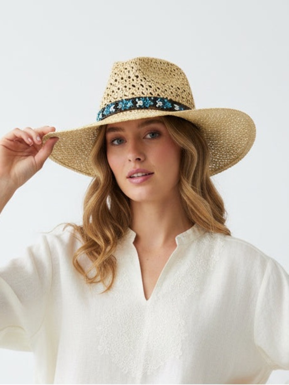 Source Unknown Natural Straw Sun Hat with Blue Floral Band
